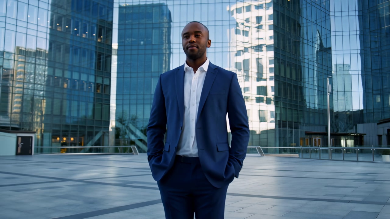 Businessman Standing In Glass Plaza Downtown, Navy Suit, Hands In Pockets, Reflective Skyscraper Facades