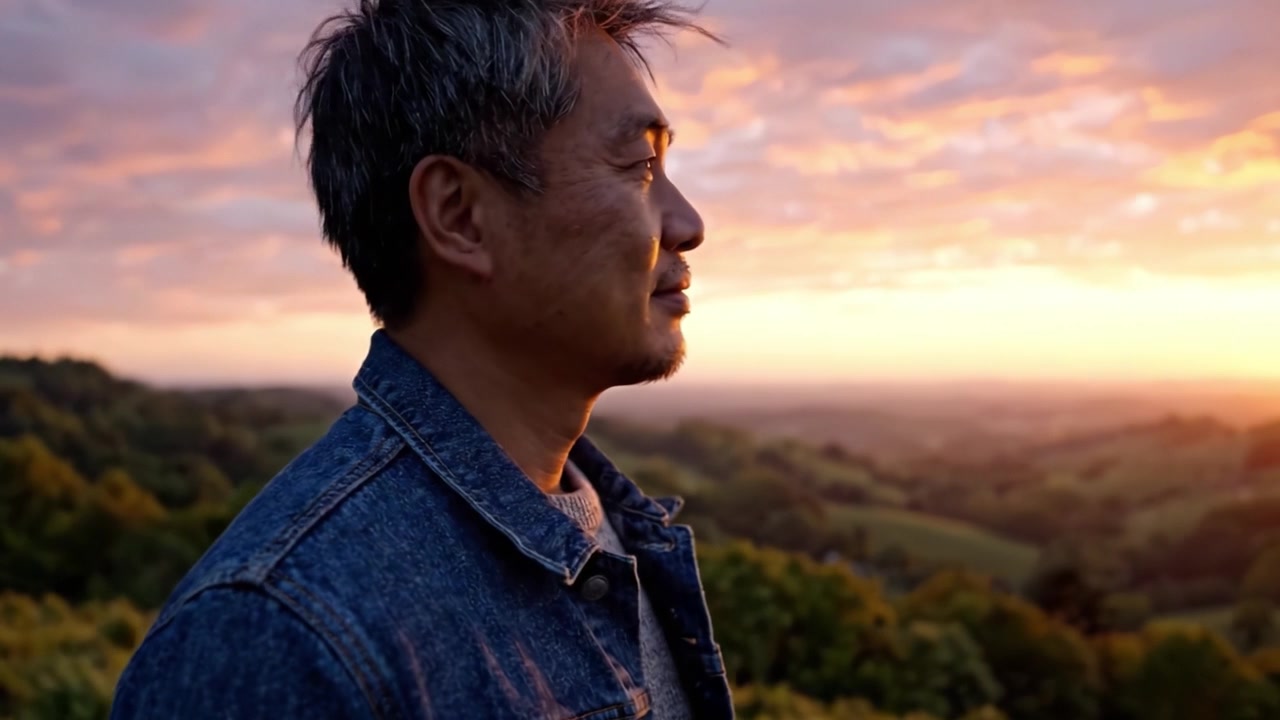 A Man Enjoying a Stunning Sunset Over Lush Green Hills, Captured in a Moment of Reflection and Appreciation for Nature’s Beauty During Golden Hour