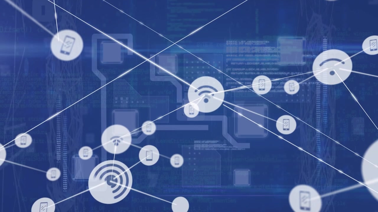 Animation of network of connections with digital icons and data processing