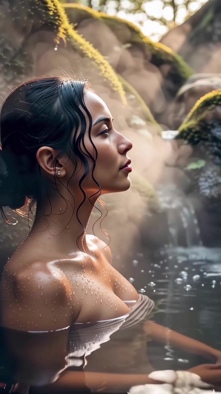 Peaceful Woman Soaking in a Steamy Natural Hot Spring