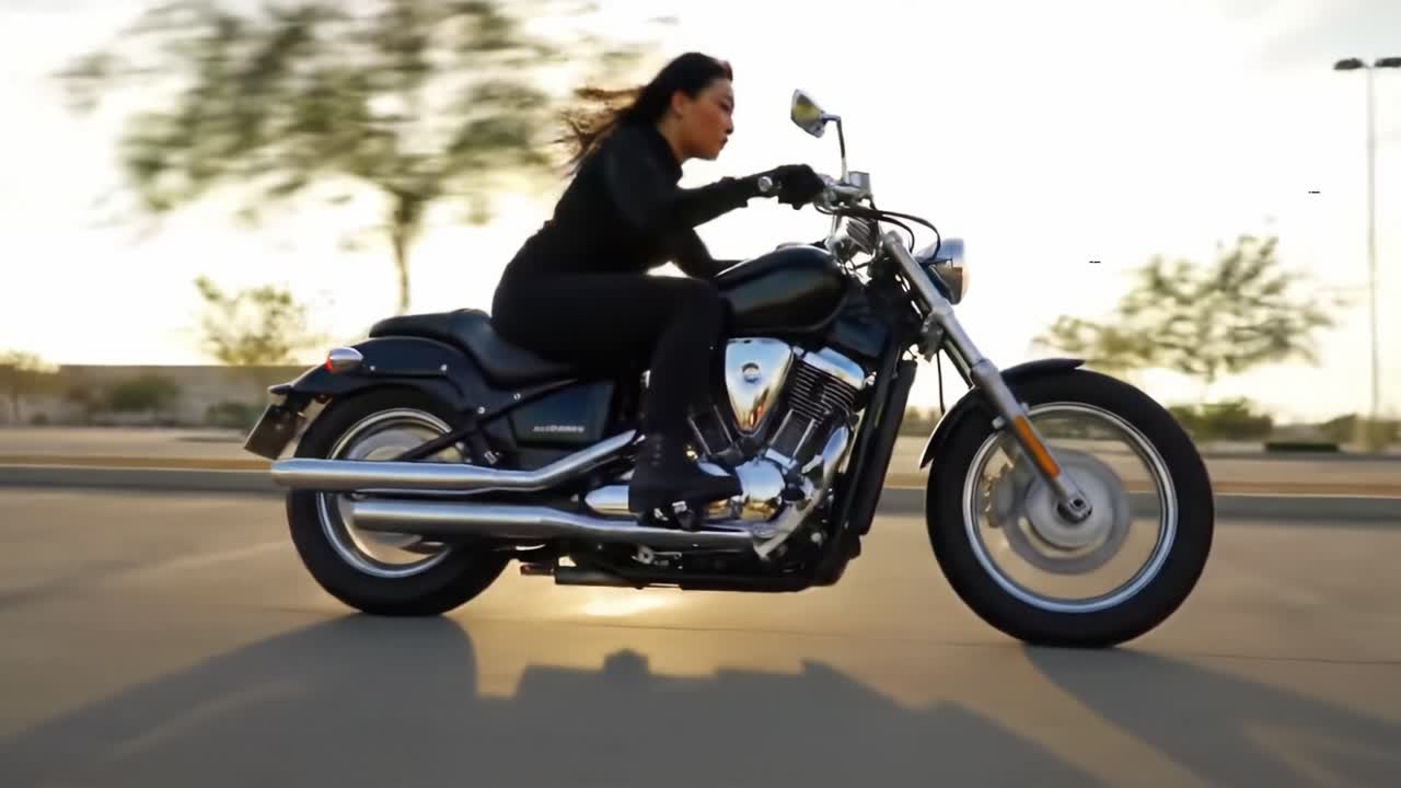 A Rider in Motion: Capturing the Thrill and Freedom of Riding a Motorcycle with Graceful Elegance Against a Stunning Sunset Background