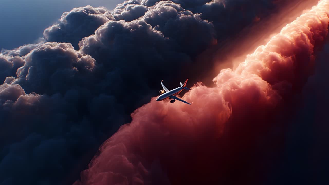 Aerial View of a Jet Airplane Flying Through a Beautiful Sunset Sky with Majestic Clouds, Capturing the Serene and Powerful Essence of Aviation and Nature in Perfect Harmony