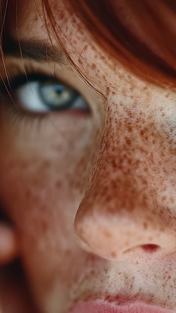 Close-Up of a Freckled Face with Intense Green Eyes, Capturing the Intricacies of Skin Texture and a Hint of Emotion in Soft Portrait Lighting