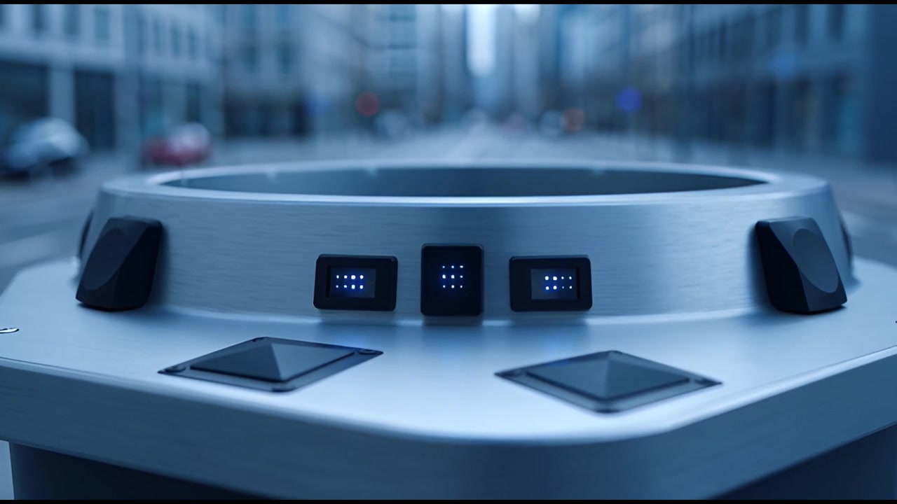 Futuristic Sensor Device With Glowing Blue Lights on Urban Street