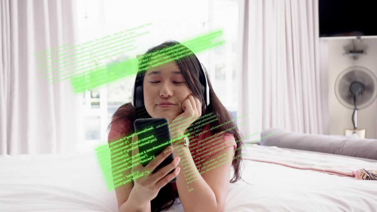 Woman reclining on bed, tapping phone and causing tech overlays while donning headphones, reading