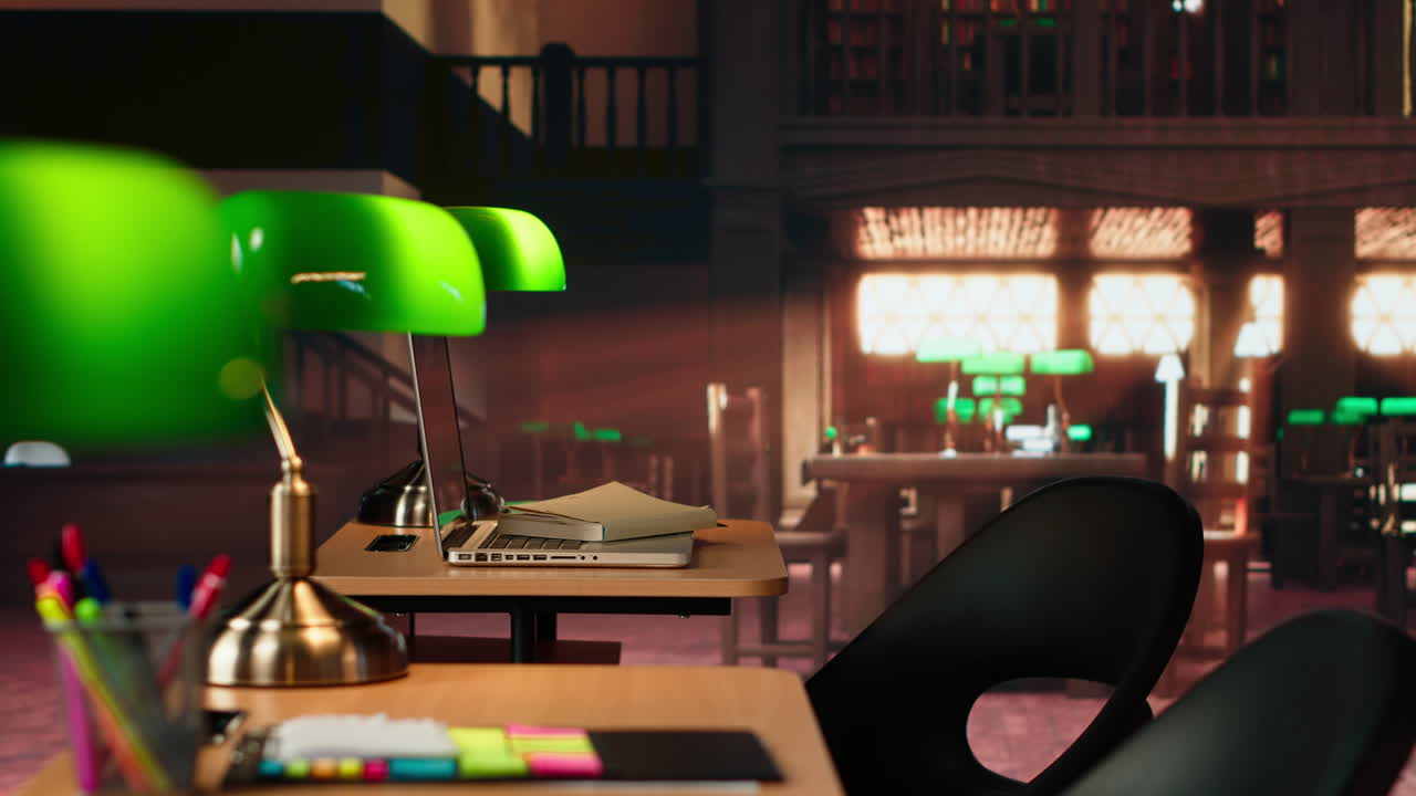 빈 구식 도서관은 빈티지 장식품과 나무 책상으로 가득 차 있습니다.