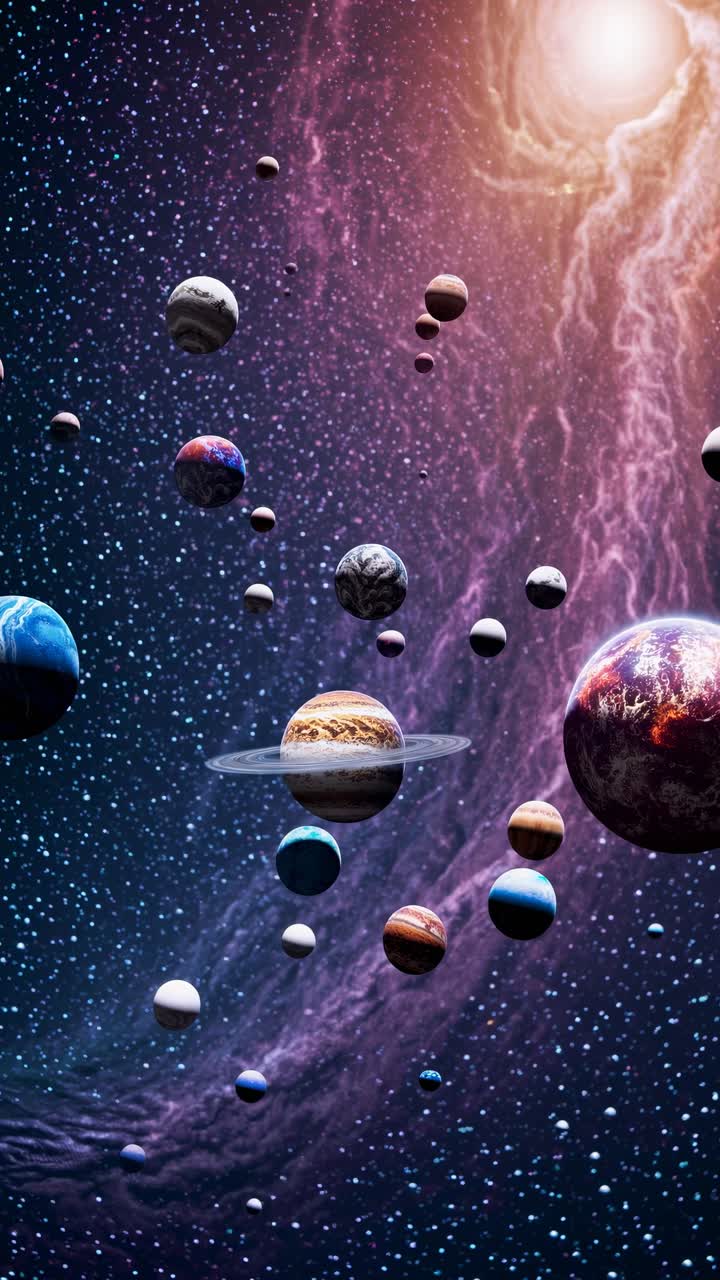 A cosmic video concept with planets floating in space. The low-angle view highlights a vibrant