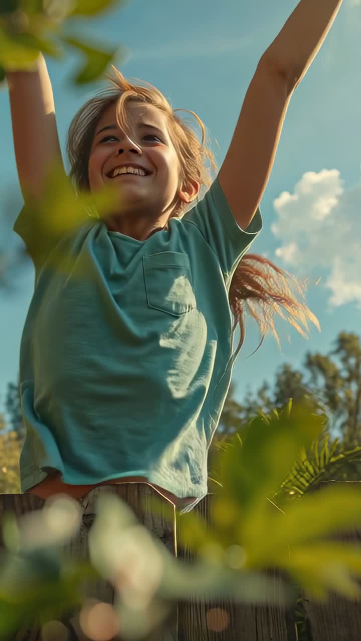 Vídeo vertical: Criança sorridente com camiseta verde-azulada levantando os braços sobre uma cerca de madeira no jardim, mostrando alegria