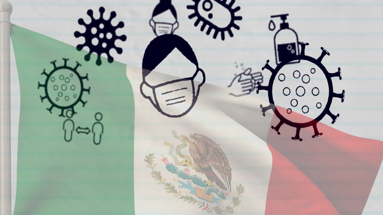 Animación de células del virus COVID-19 e iconos digitales sobre la bandera de México.