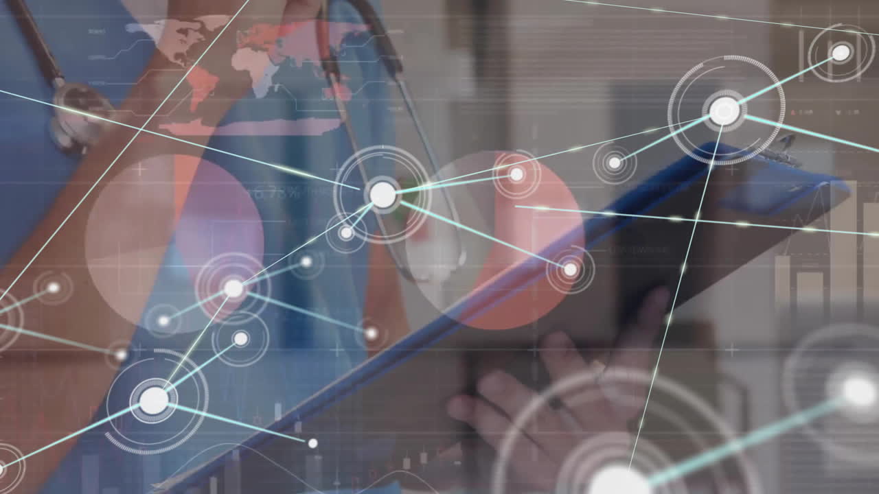 animación de la red de conexiones a través del procesamiento de datos y la doctora caucásica