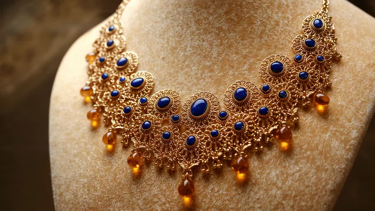 Panning della telecamera che mostra una collana in filigrana d'oro su un busto in studio, rivelando pietre blu e perle ambrate