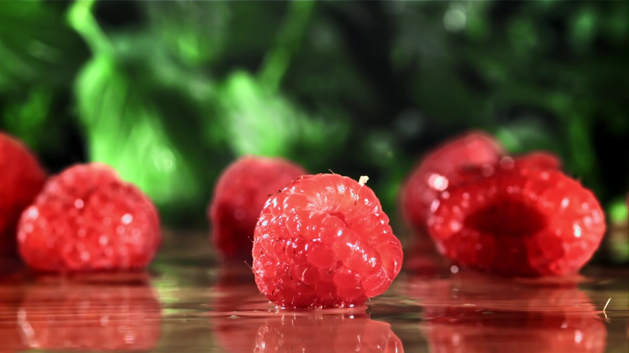 Fresh Raspberry Dropping into Water in Slow Motion