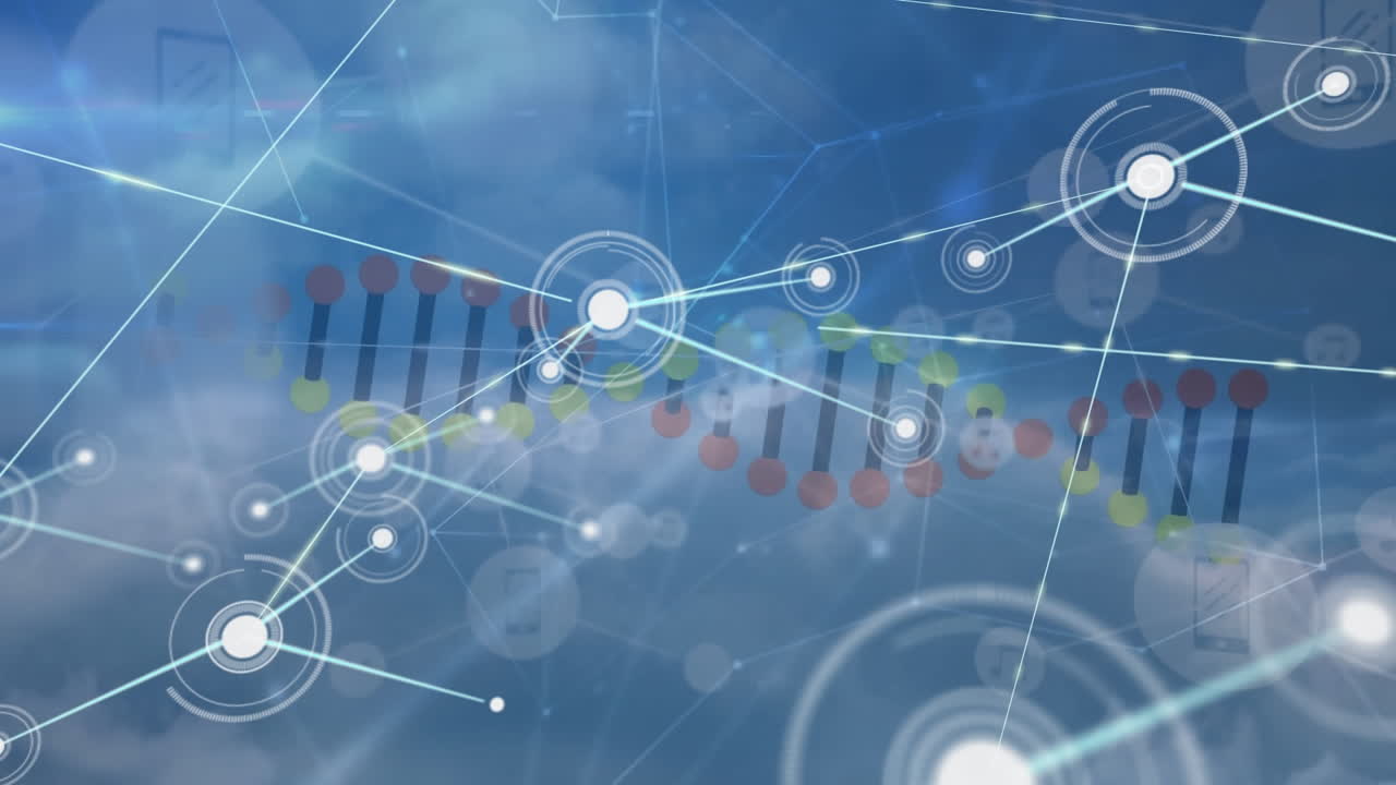 연결망의 애니메이션과 파란 하늘의 구름 위에서 회전하는 dna 구조