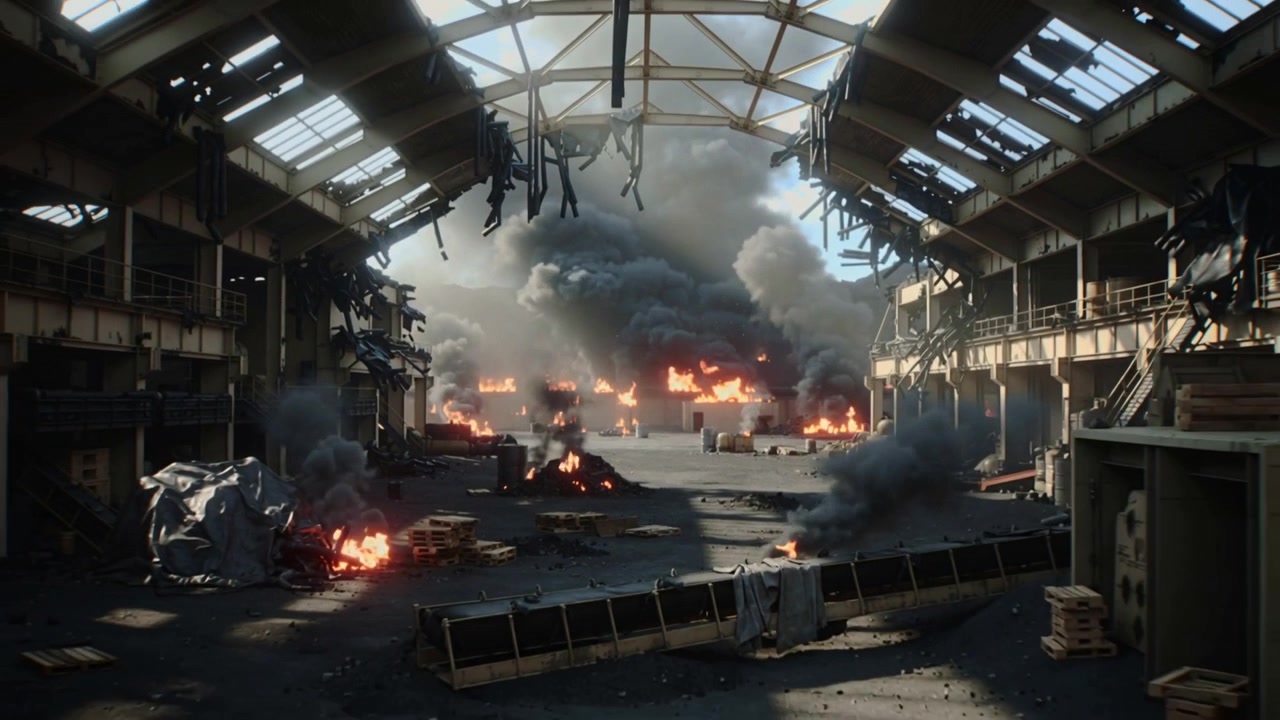 Detriti fumanti incendiano il corridoio centrale di un magazzino, inviando fumo attraverso i lucernari, pallet
