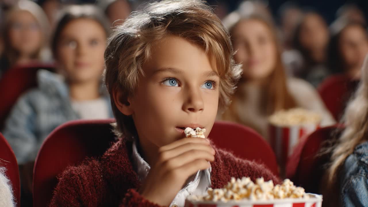A Young Moviegoer Enthralled by the Screen: Moments Captured at the Cinema with Popcorn in Hand and Wide Eyes Filled with Wonder and Anticipation