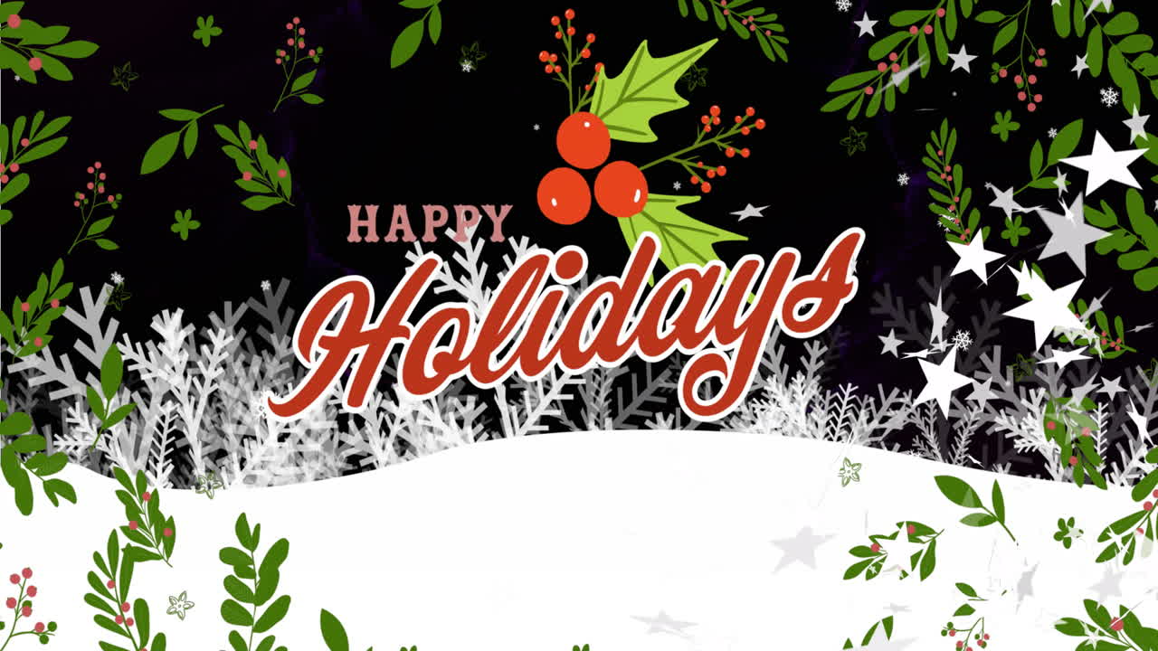크리스마스 때 검은 바탕에 눈이 내리고 잎이 떨어지는 행복한 휴일 텍스트의 애니메이션