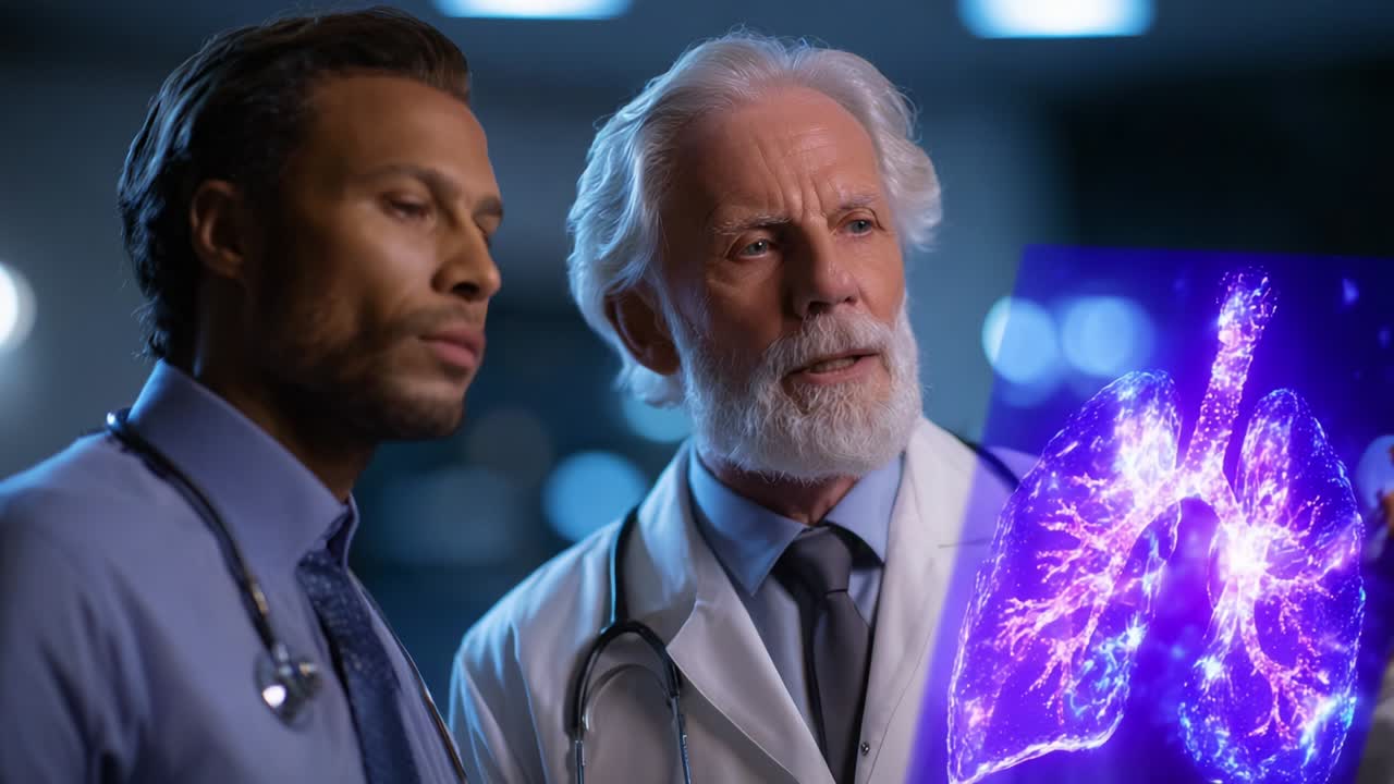 Two medical professionals engaged in a deep discussion while analyzing a detailed lung scan, highlighting the collaboration in healthcare and the significance of advanced imaging in diagnosis and treatment
