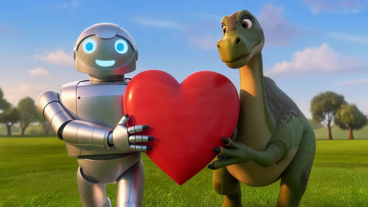Avvicinandosi, un dinosauro convince un robot a tenere in mano un grande cuore rosso su un prato erboso, condividendolo
