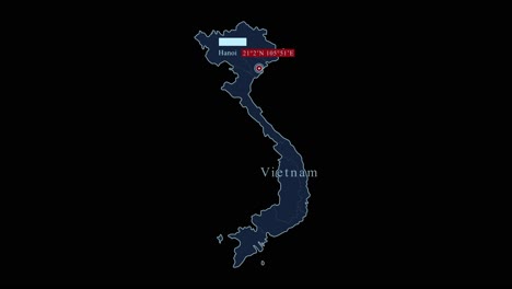 blue vietnam map with hanoi capital city and geographic coordinates on black background