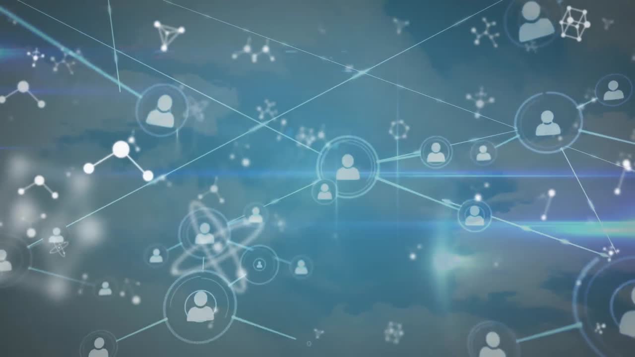 분자의 애니메이션과 하늘 위의 연결 네트워크