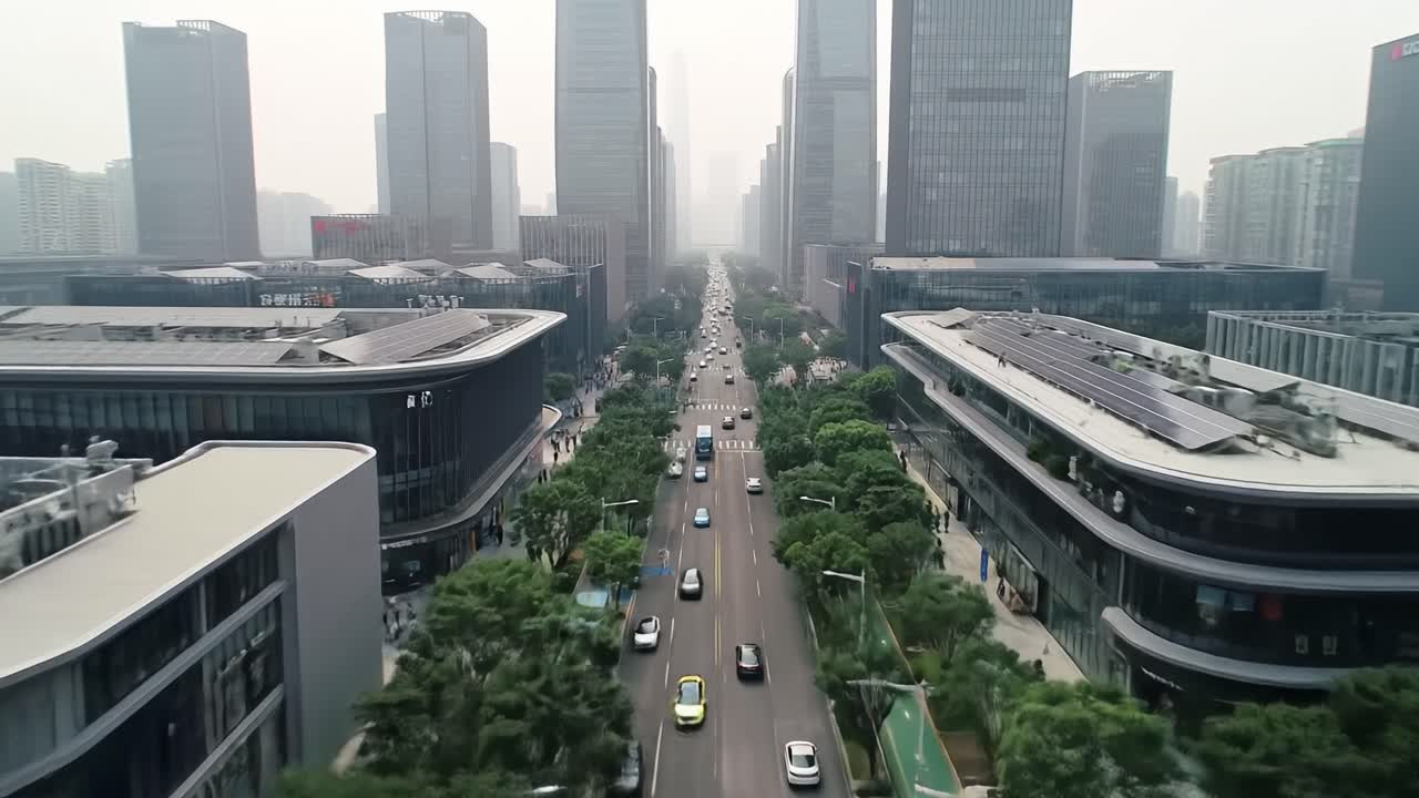 Aerial View of a Modern Urban Landscape Featuring Skyscrapers, Roads, and Greenery in a Vibrant City Setting, Showcasing Urban Development and Transportation Flow