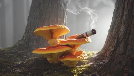 smoking mushroom in a misty forest