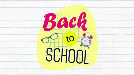 animation of back to school text banner, school concept icons against white lined paper background