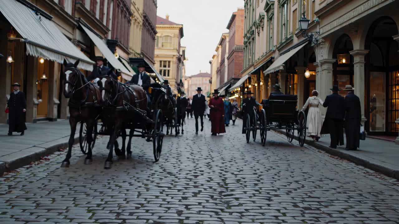 Een vintage straatscènevideo met door paarden getrokken koetsen en mensen in kleding uit die tijd