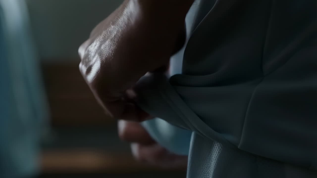 Close-up of hands gripping light blue fabric