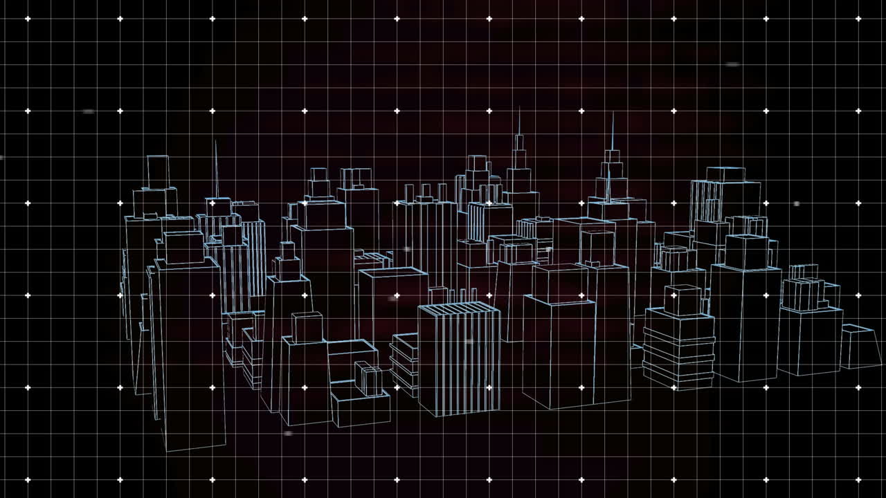 Animation of 3d architecture city drawing spinning over grid