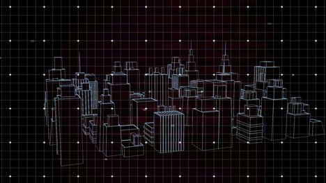 animation of 3d architecture city drawing spinning over grid