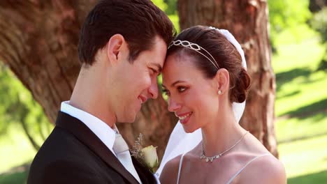 happy newlyweds hugging and smiling at camera