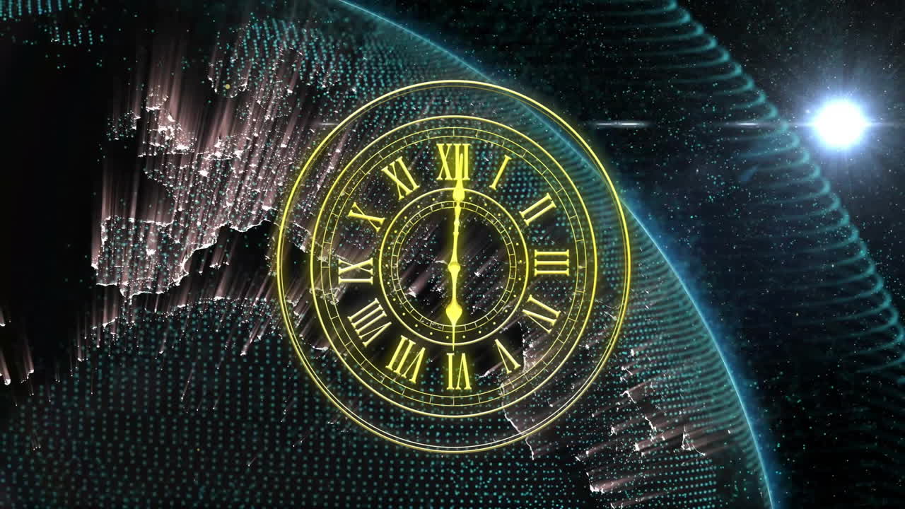 Animation of digital clock with Roman numerals over Earth in starry space