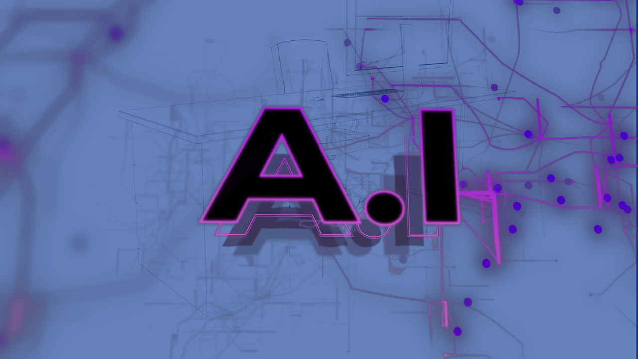 Animation of ai text over desks with computers on blue background