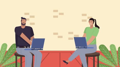 business couple using laptops characters