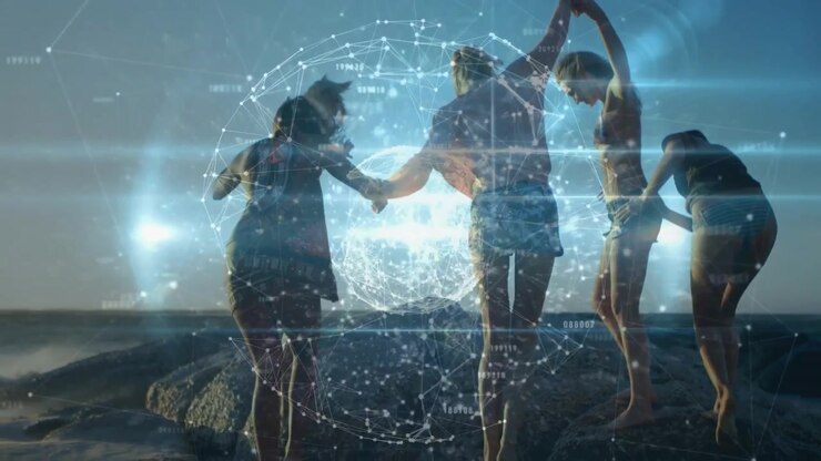 Holding hands on beach, people connecting with digital network animation