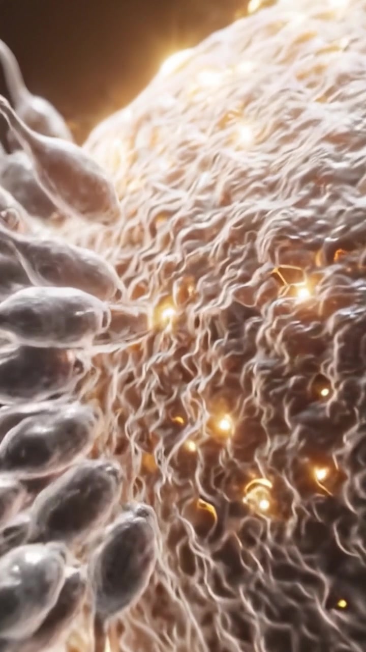 Una vista ravvicinata di spermatozoi che si avvicinano a un ovulo, che illustra il processo intricato e dinamico della fecondazione nella biologia riproduttiva.