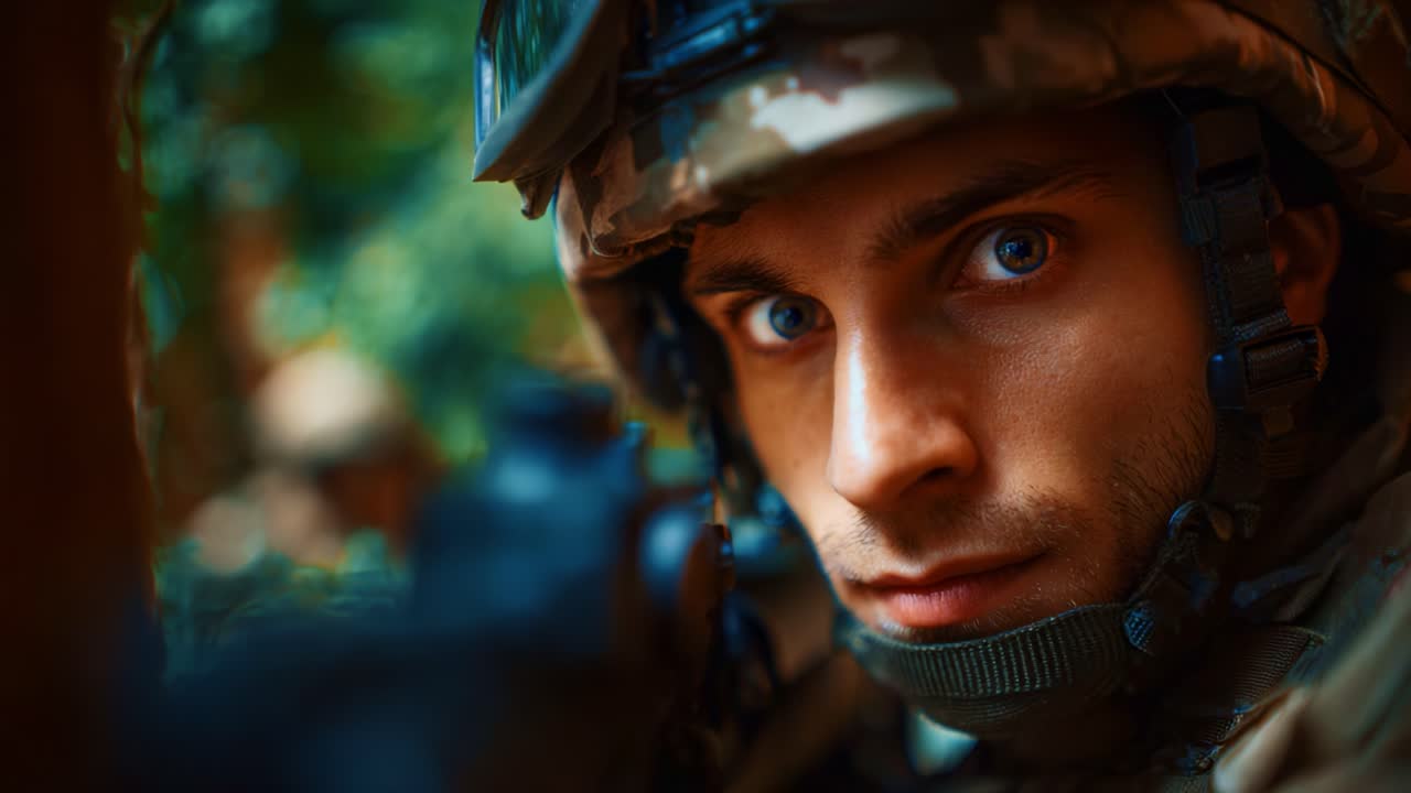 Massima concentrazione: un militare osserva in assetto di combattimento tra la fitta vegetazione della foresta e situazioni tattiche durante un'operazione militare