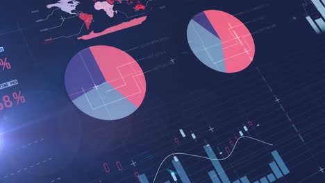 animation of statistical data processing over light spot against blue background