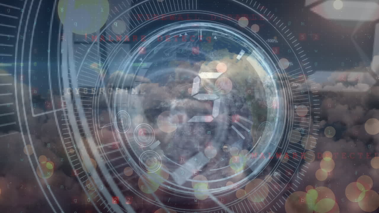 animación de círculos de conteo y procesamiento sobre un cielo nublado