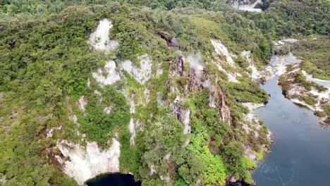 Drone-view-of-Waimangu-geothermal-park,-Rotorua,-New-Zealand