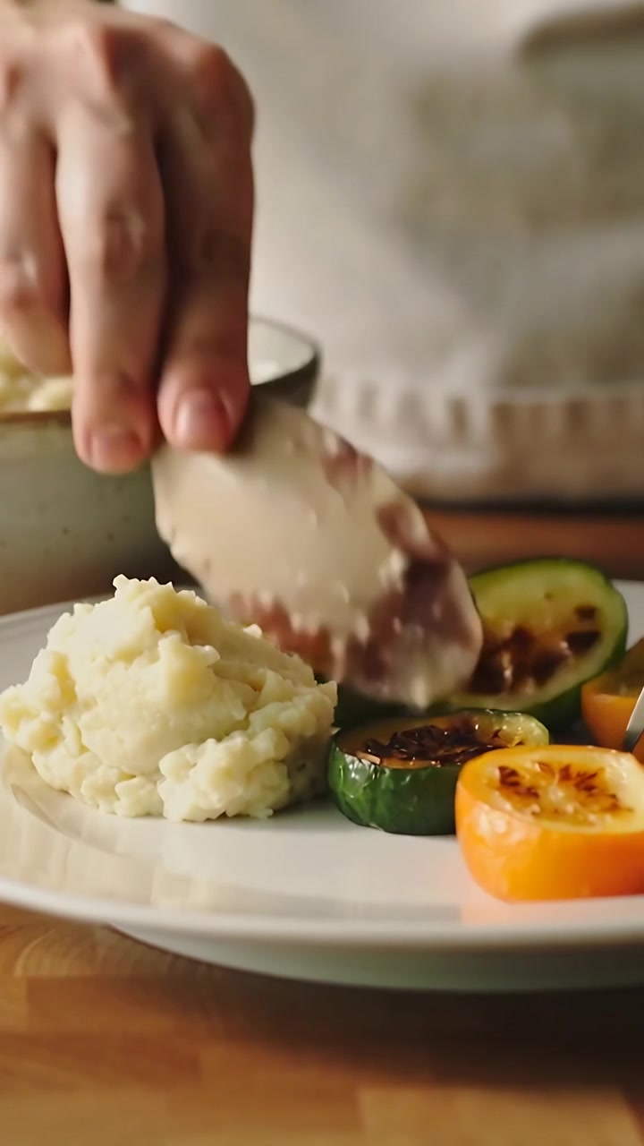 Vídeo vertical: Vendo porções redondas empratadas, cozinheiro servindo purê com colher em um prato no balcão.