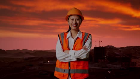 female construction worker at sunset