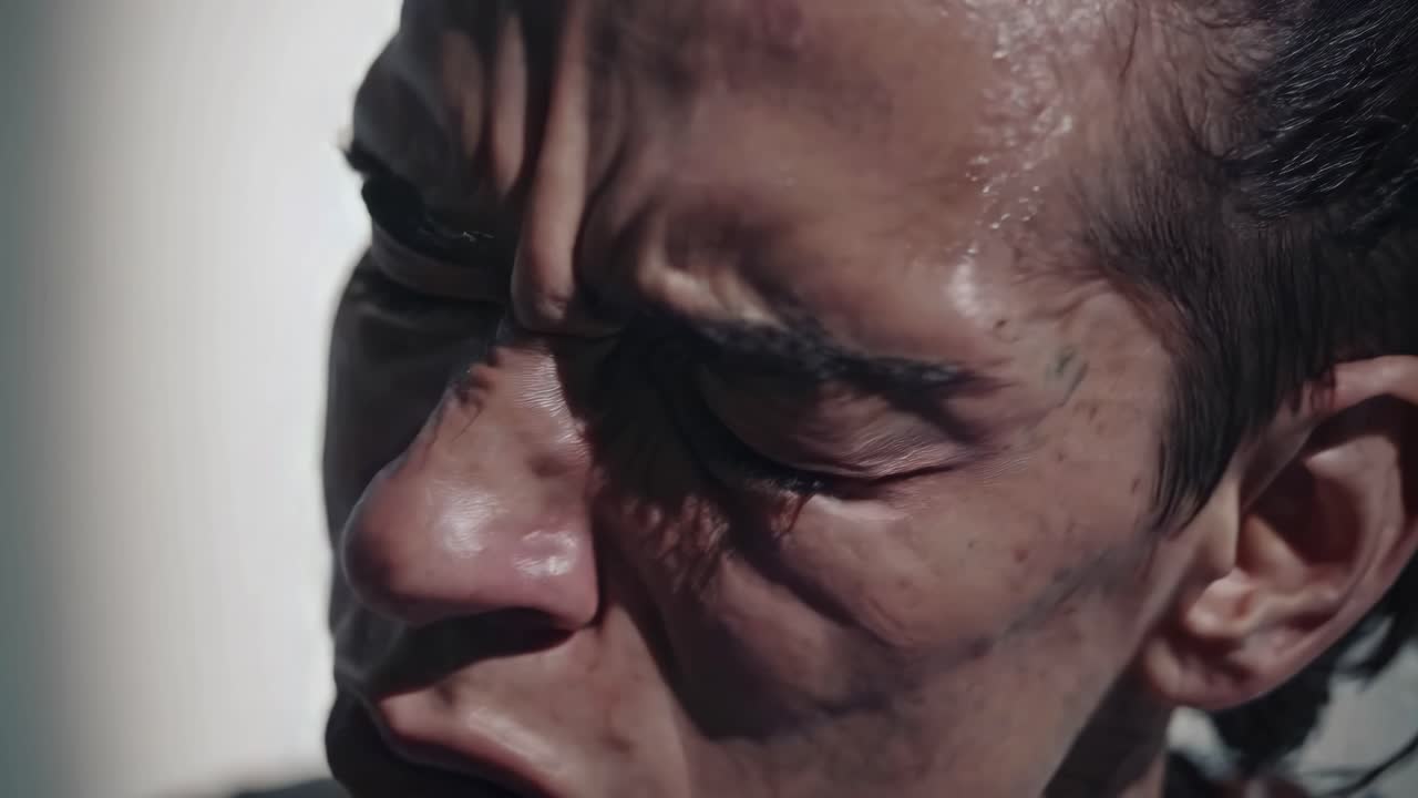 Close-up video shot of a distressed face, capturing intense emotion and dramatic lighting