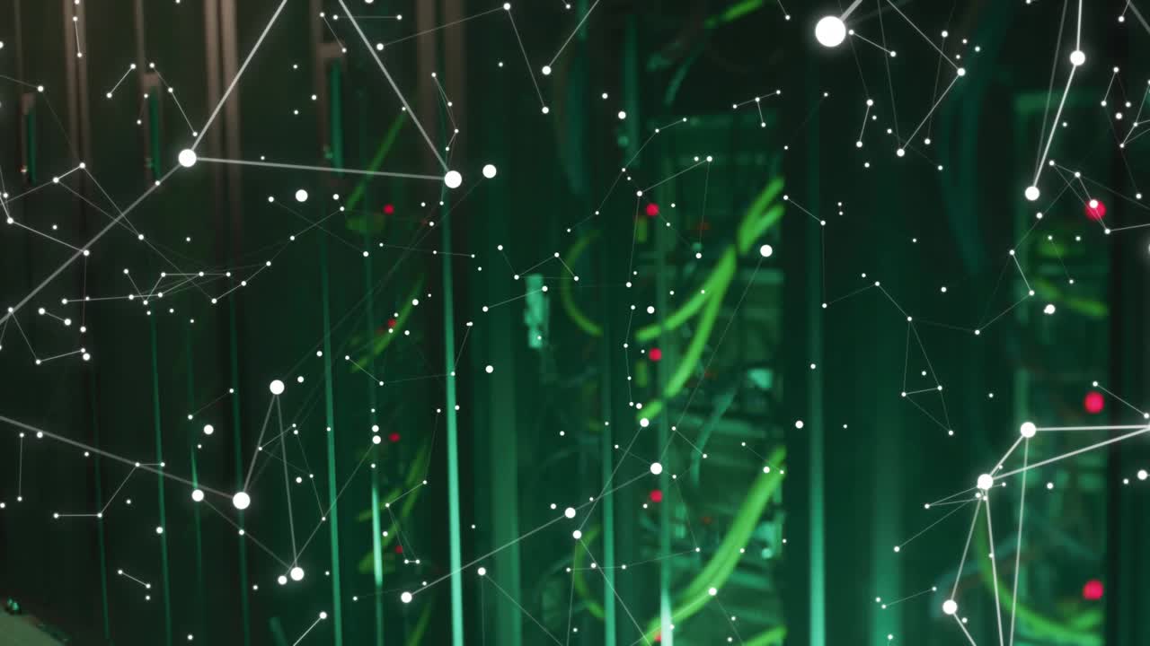 Network grid fading into view triggers data bars sliding and node lines glowing for live monitoring