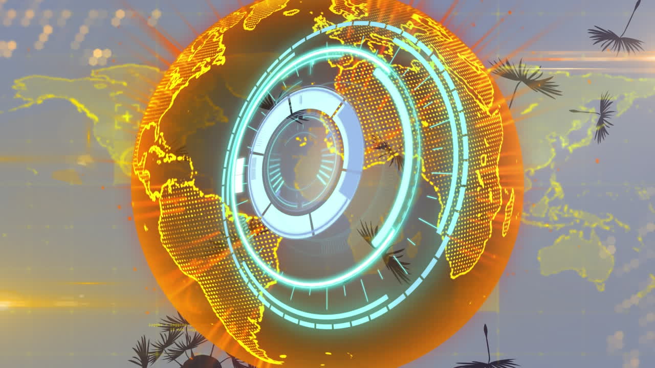 Animation d'une serrure de coffre-fort tournant sur un réseau mondial lumineux et des graines de pissenlit