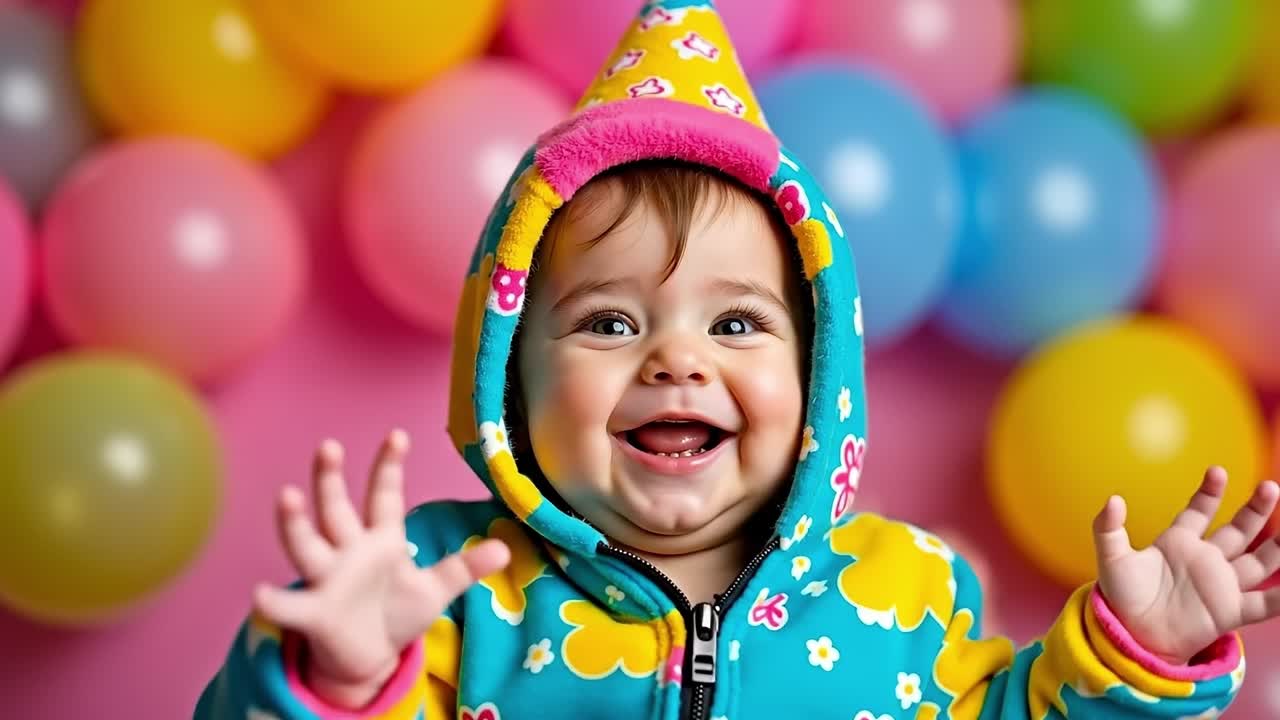 A smiling baby in a party hat with balloons in the background