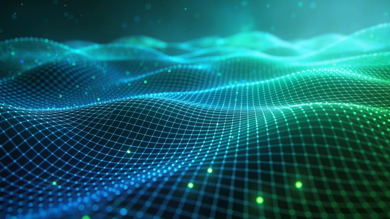 Undulating wire mesh pulsing nodes as camera moving forward in virtual space, creating teal ocean