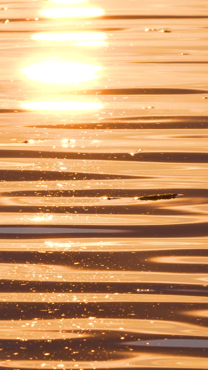 Vertical close up of golden sunlight reflecting on gentle ocean ripples during sunrise in Gdynia Orlowo. Ideal for meditative backgrounds and travel content
