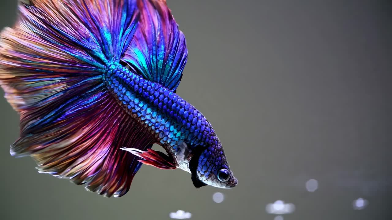 Close-up video of a vibrant betta fish swimming gracefully, captured from a side angle